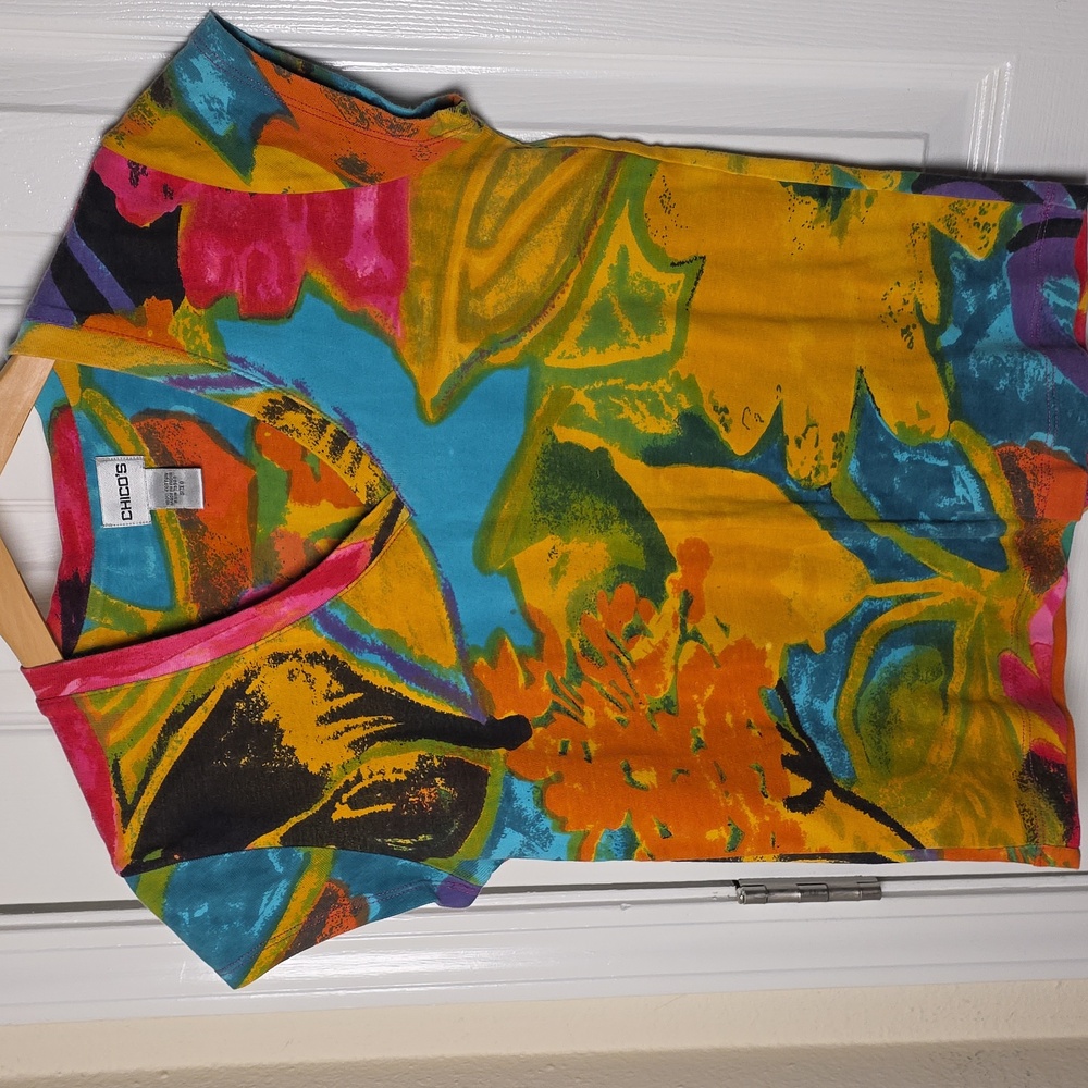 Vintage Chico's Multicolor Cotton Watercolors Tee Shirt